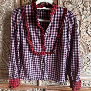 Red and Pink Checkered Ruffle Blouse